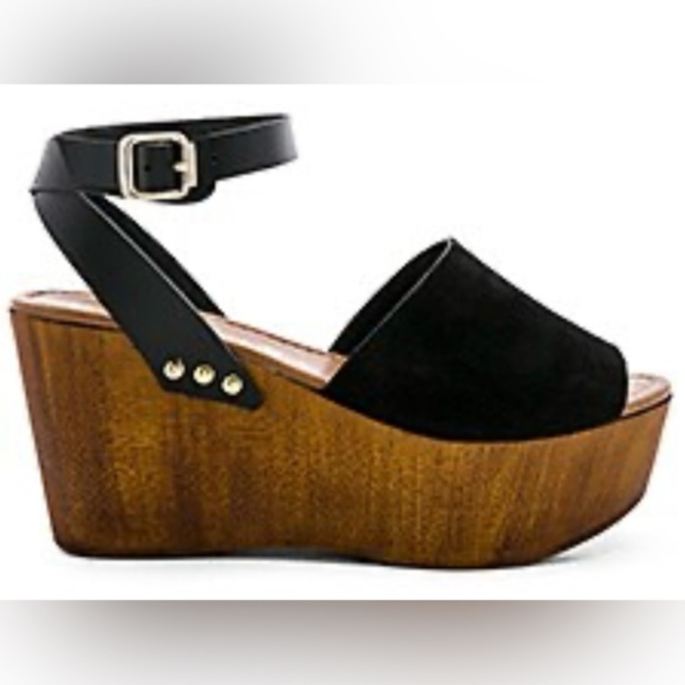 Seychelles women’s sandal “Forward Wedge” black suede‎ strappy ankle wrap strap